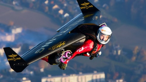 Yves Rossy (Jetman) flying in his jetpack invention