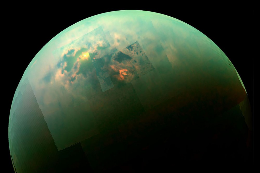 "False-color" image of Titan, Saturn's largest moon, taken by Cassini probe